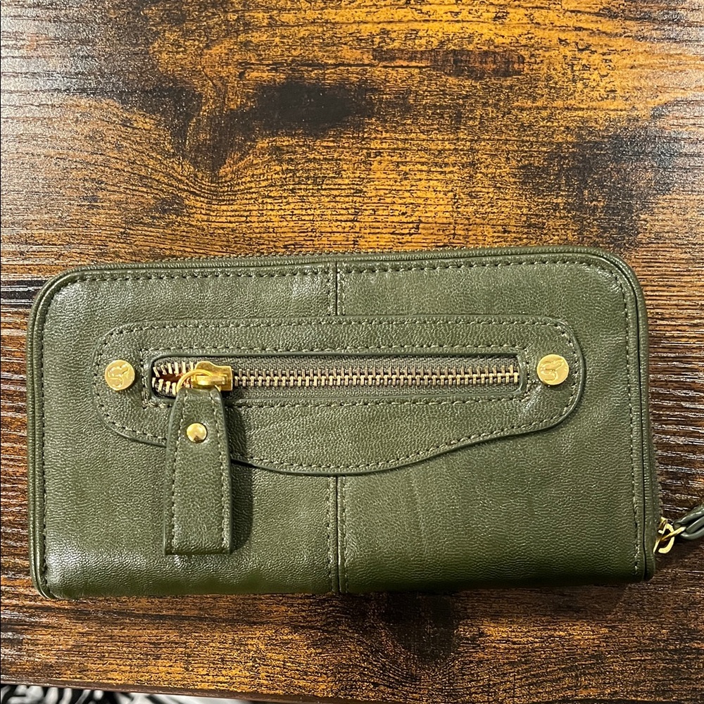 Green Leather Wallet with Gold Accents